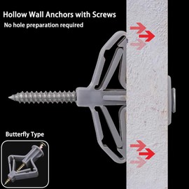 Plasterboard Wall Plugs,50 pcs Plasterboard Dowels with Screws Butterfly Cavity Dowels Hollow Drywall Cavity Raw Expansion Tube Nylon Plug Universal Plasterboard Fixings for Walls TV Brackets