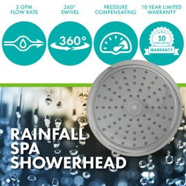 Niagara Conservation N9520BN Rainfall Spa 1-Spray with 2 GPM 8-in. Wall Mount Adjustable Fixed Shower Head in Brushed Nickel, 1-Pack | Bathroom Shower Head Sprayer with Pressure Compensation