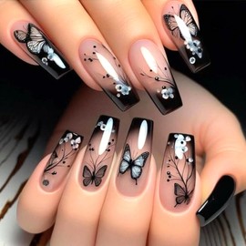 LWTZLW Black Press on Nails French Tip Medium Square False Nails Butterfly Pattern Full Cover Glue ons Nails Short Coffin Acrylic Fake Nail Glossy Artificial Ombre Nails Reusable for Women