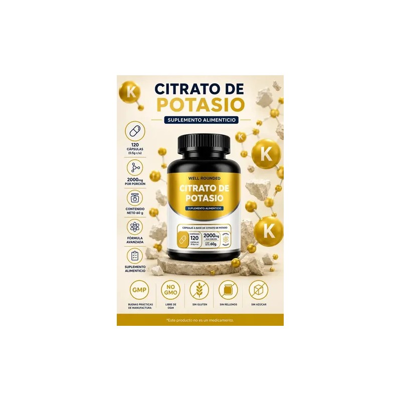 Citrato Potasio 120 Cápsulas Well Rounded 2000mg Porción Sabor