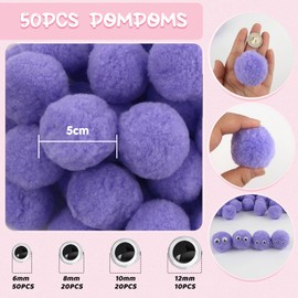 TOAOB 50 pcs Pom Poms Ball 50 mm Large Fluffy Pom Poms Light Purple Fuzzy Pompoms Balls with 100 pcs Wiggle Eyes for DIY Crafts Decorations