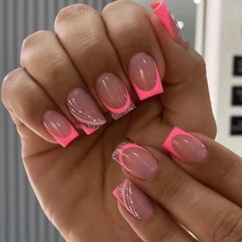 MERVF Square Press on Nails Short Fake Nail Pink French Tip Glue ons Gold Glitter Design Acrylic Tropical Summer Squoval Nails Supplies Art DIY Manicure 24pcs Glossy