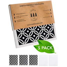 SUPERSCANDI Artdeco White on Black 5 Pack (3 Patterned, 2 White) Swedish Dishcloths Eco Friendly Reusable Sustainable Biodegradable Cellulose Sponge Cleaning Cloths Paper Towel Replacement Washcloths