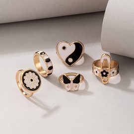 HUJUON 5Pcs Colorful Enamel Love Heart Band Rings Sets,Cute Mushroom Daisy Flower Taiji Yinyang Windmill Butterflye Knuckle Stacking Finger Ring for Women (Style D)