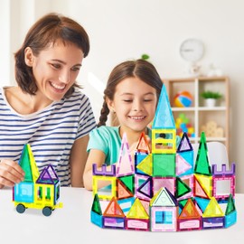 Everplay 61pc Magnet Tile Building Blocks with Car Base Drawstring Carry Bag Magnetic Construction Toy Structure Build Magnets Toyset Preschool Montessori Toys for Sensory STEAM Education Age 3+ EP61