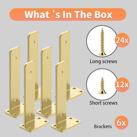 Gold Heavy Duty Iron Shelf Brackets,8 inch,Floating Brackets Upgraded, Heavy Duty Iron Shelf Brackets, Industrial Modern Floating Shelf Support for Wall Mount Shelves,Wide Brackets ,6 Pack