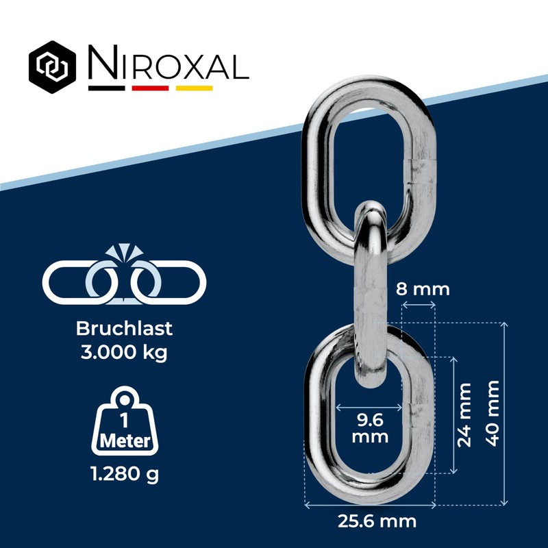 25-cm = 0,25-Meter 8-mm Thick Stainless Steel Chain V4A Short-Linked