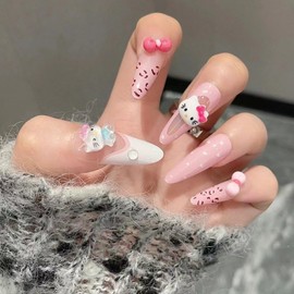 30 PCS Press on Nails Kitty Cat Fake Nails Bow Tie Fake Nails Leopard Print Fake Nails Long Fake Nails Gifts for Women and Girls (No.82)