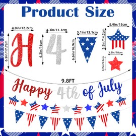 Happy 4th of July Patriotic Banner Garland, Pre-Strung Cardboard Stars and Pennants, Red White Blue USA Flag Stars and Stripes for Independence Day, Memorial Day, American Themed Party Decorations