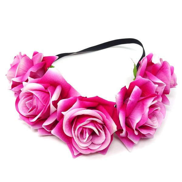 Honbay 7cm/2.76inch Rose Flower Crown Elastic Headband Hair Band Festival Hair Garland Wedding Headpieces (Dark Pink)