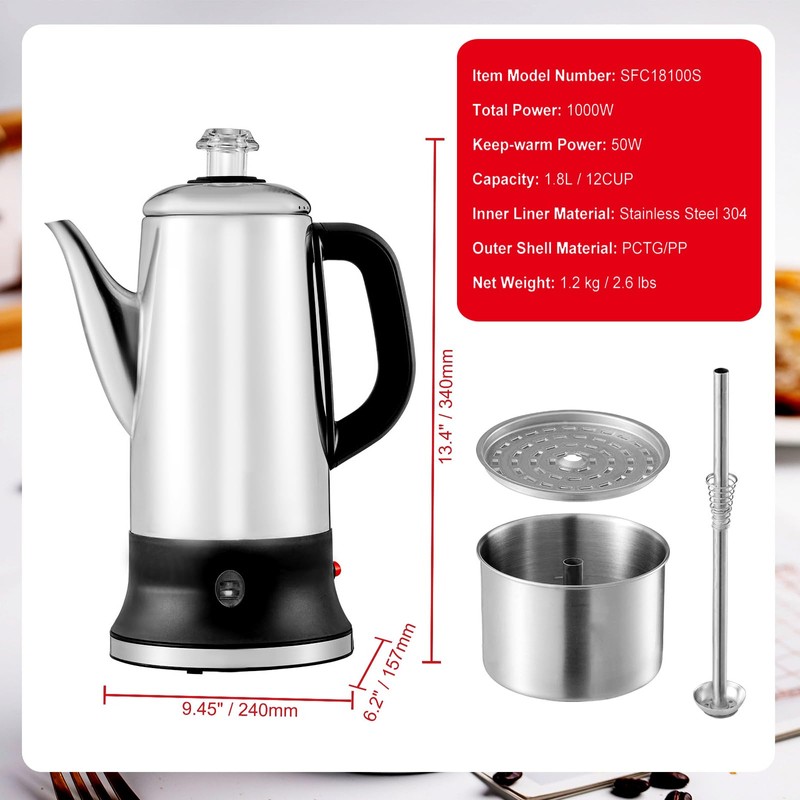 Happybuy 12-Cup Electric Coffee Percolator with Stainless Steel Construction, Heat-Resistant