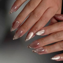 KQueenest Glitter Baby Pink French Tip Press On Nails Almond, 24 Pcs Cat Eye Press On Nails with 3D Gold Swirls, Bling Sparkly Fake Nails With Glue, Reusable Stick on Nail for Women Valentine‘s Day