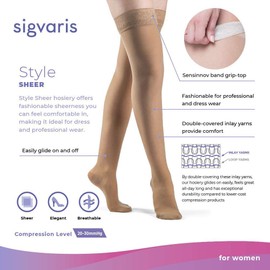 SIGVARIS Women’s Style Sheer 780 Closed Toe Thigh-Highs w/Grip Top 20-30mmHg - Large Short - Mocha
