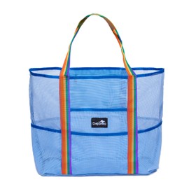 Dejaroo Mesh Sand Free Bag - Strong Lightweight Tote For Beach & Vacation Essentials. Tons of Storage with 8 Pockets, Foldable, 17x9x15 inches, Light Blue with Rainbow Straps