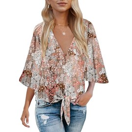 Boho Tops for Women Summer Trendy Short Sleeve Floral Tropical Hawaiian Beach Vacation Shirts F3 L