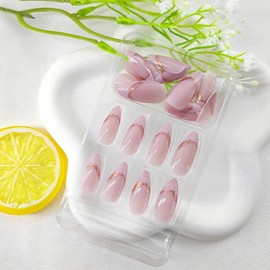 Medium Press on Nails Almond Fake Nails with Irregularity Gold Line Designs French Tip Nails Press ons Light Purple Acrylic Nails Glossy Glue on Nails Daily Wear Simple Stick on Nails for Women 24Pcs