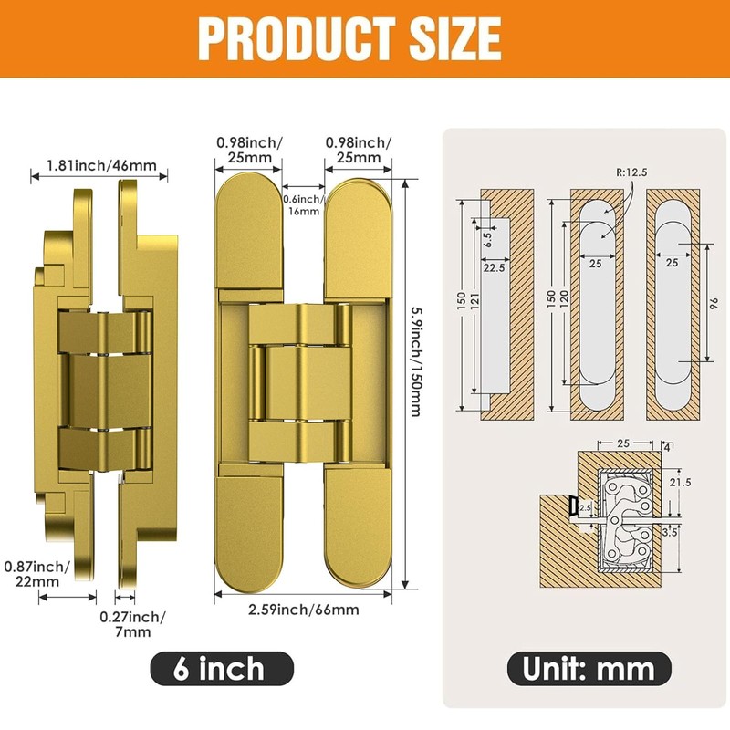 Lipshome 6" Hidden Door Hinge/Concealed Hinges,Invisible Hinges,Invisible Door Silent 180