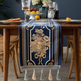 Luxury Table Runner with Multi-Tassels, Long Elegant Embroidery Jacquard Table Runner Dresser Scarf for Dining Room Party Banquet Coffee Table, Blue, 14x63inch
