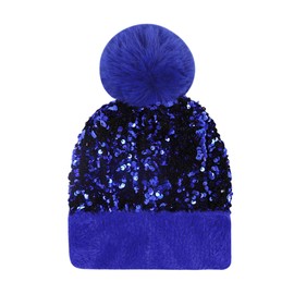 Caviotess Women Sparkly Sequins Knitted Beanie Hat Warm Winter Skull Cap with Faux Fur Pom Pom Blue