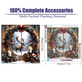 LWZAYS 5D Diamond Painting Kits for Adults, Christmas Elk Diamond Art Kits for Adults Beginner, DIY Full Round Drill Christmas Wreath Gem Art Kits for Home Wall Decor 14 x 14Inch