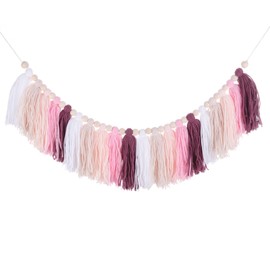 MECCANIXITY Bohemian Yarn Tassel Garland with Wood Beads,3.9Ft Pastel Pink Beige White Wall Hanging Tassels Banner Western Room Decor for Bedroom Office Nursery Classroom Party Decorations