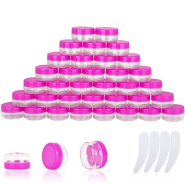 50PCS 10 Gram Sample Containers, 10ml Empty Jars with Lids, Small Cosmetic Containers, Mini Sample Jars with 4PCS Mini Spatulas for Make Up, Oils, Lotion, Powder, Paint, Jewelry, Lip Balms(Pink Lid)