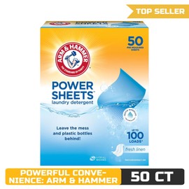 Arm & Hammer Power Sheets Laundry Detergent, Fresh Linen 50Ct, up to 100 Small L
