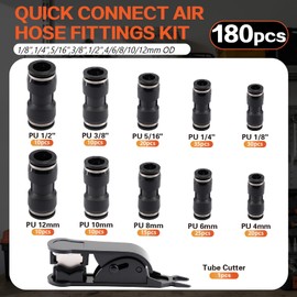 180PCS Air Hose Push to Connect Fittings Kit, 1/8",1/4",5/16",3/8",1/2" & 4,6,8,10,12mm OD Pneumatic Air Line Quick Connect Assortment with Tube Cutter for Air Compressor, Workshop, Auto