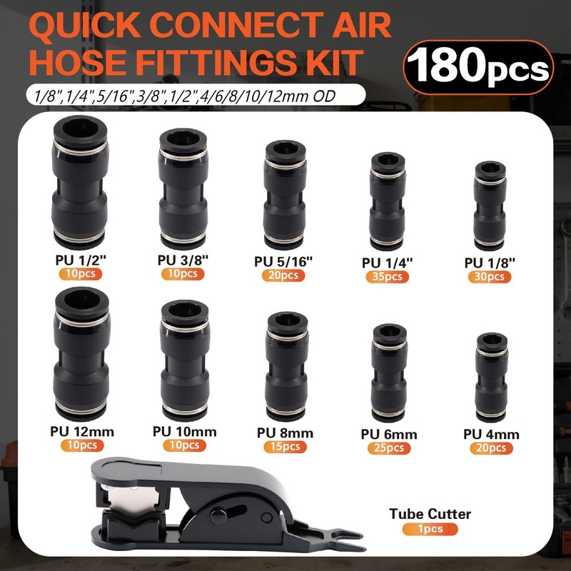 180PCS Air Hose Push to Connect Fittings Kit, 1/8",1/4",5/16",3/8",1/2" &