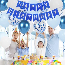 Happy Birthday Banner, Blue Birthday Decoration, 16 Pcs 12in Happy Birthday Balloons with 2 Ribbons for Boys Girls Men and Women Any Ages Birthday Party Decoration