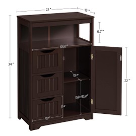 Topeakmart Wood Bathroom Floor Cabinet, Free Standing Storage Cabinet with 3 Drawers and Cupboard, Hallway/Entryway Cabinet, Living Room Accent Furniture, Espresso