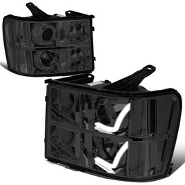 Auto Dynasty Dual L-Styling LED DRL Smoked Housing Clear Corner Projector Headlight Lamps Compatible with GMC Sierra GMT900 07-14