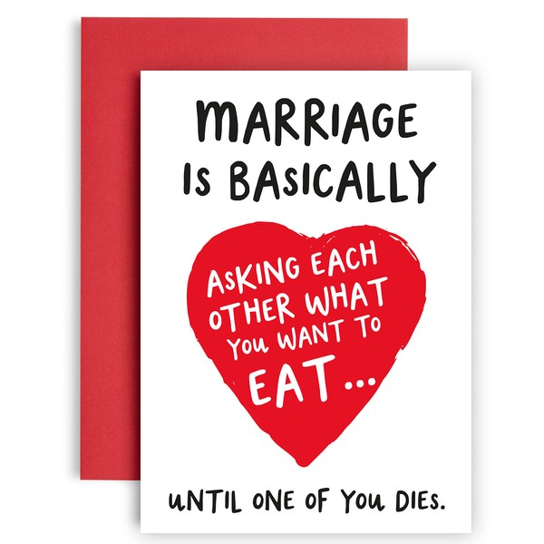 Huxters Wedding Anniversary Card – Marriage Is Basically Funny Card for Wife, Husband – 350GSM Congratulations Card with Red Envelope – Blank Interior for Custom Message - A5 (Marriage is basically)