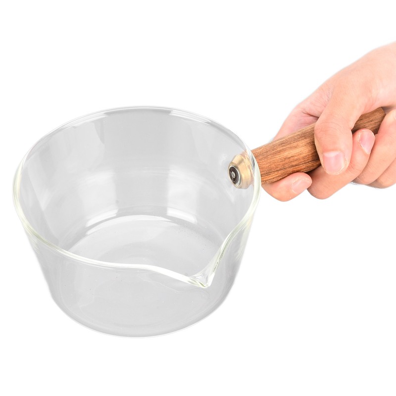 Glass Milk Pot with Wooden Handle V Shaped Spout Noodles