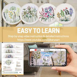 4 Set Embroidery Starter Kit for Beginners, Needlepoint Cross Stitch Kits with Pre-Stamped Flower, Instructions, Embroidery Hoops, Color Threads, Tools, DIY Arts & Crafts Birthday Gifts for Adult