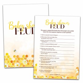 Baby Shower Party Games, Baby Shower Feud Game, 25 Honey Bee Gender Reveal Party Games Cards (5" X 7"), Bumble Bee Baby Shower Supplies Decorations -02