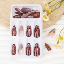 Lomxene Almond Press on Nails Medium Fake Nails Length Butterfly Wings Nails Press ons with Ripple Designs Brown False Nails Line Glue on Nails Fall Acrylic Nails for Women 24Pcs(almond short fall)