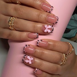 24 Pcs Leopard French Press on Nails Short Square - WLGDLH Fall Fake Nails Nude Pink False Nails with Bow Design Glossy Nail Tips Full Cover Acrylic Nail Petite Stick on Nails for Women