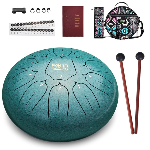 FOUR UNCLES Steel Tongue Drum 10 Inch 11 Notes Hand Pan Drums with Travel Bag Sticks Music Book Mallets, D Major Musical Instruments for Entertainment Meditation Yoga Zen Gifts (Malachite)