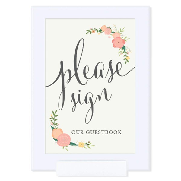 Andaz Press Framed Wedding Party Signs, Floral Roses Print, 4x6-inch, Please Sign our Guestbook, 1-Pack, Includes Frame