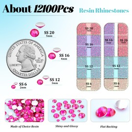 12100Pcs Resin Rhinestones for Crafting with 3Pcs 10ml B7000 Jewelry Glue, 2 Boxes Flatback Crystals Diomand (Hot Pink) for Bedazzling Crafts DIY Nail Art Makeup，Non Hotfix Gems for Clothing Shoes