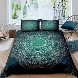 Loussiesd Boho Mandala Duvet Cover Bohemian Style Bedding Set Decorative Exotic Floral Comforter Cover for Girls Kids Women Chic Golden Green Bedspread Cover Double With 2 Pillow Case
