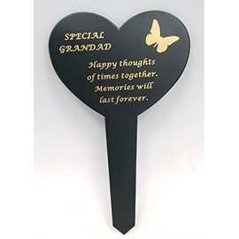 Grandad - Black & Gold Plastic Memorial Heart Stake Graveside Spike Marker Crematorium