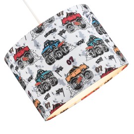 Modern and Colourful Monster Trucks Childrens Cotton Fabric Round Drum Lamp Shade | 25cm Diameter | 60w Maximum | Inner Cotton Lining by Happy Homewares