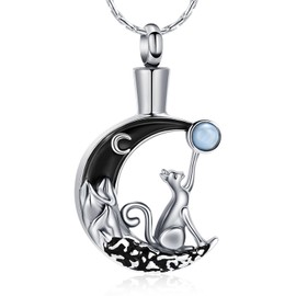 constantlife Cat Moon Urn Necklace for Women Pet Cremation Jewelry for Ashes Stainless Steel Pendant Funeral Keepsake Loved Ones Memorial Gift (Silver)