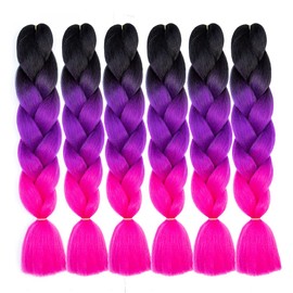 6 Packs Ombre Jumbo Braiding Hair, Afro Braiding Hair Extensions for Box Braid Crochet Twist Hair Extensions for Braiding (Black-Purple-Rose Red)