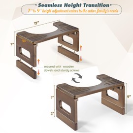 BLUEWEST Foldable Toilet Stool, 7'' and 9'' Adjustable Heights Acacia Wood Poop Stool for Potty Training,Durable Collapsible Bathroom Stool, Adjustable Height for Family Members with Non-Slip Layer