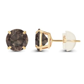 14K Yellow Gold Plated Sterling Silver 4mm Round Natural Smoky Quartz June Birthstone Prong Set Stud Earrings For Women