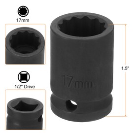 sourcing map 12-Point Impact Socket 1/2 Inch Drive 17mm Metric Cr-V Shallow Impact Socket Nut Driver Wrench for Auto Repair