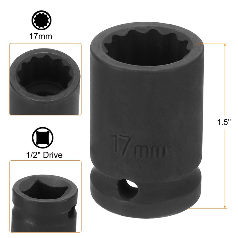 sourcing map 12-Point Impact Socket 1/2 Inch Drive 17mm Metric